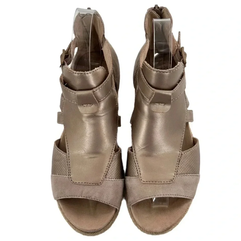 Earth womens platform sandals size 7.5 bronze leather beige suede Espadrilles